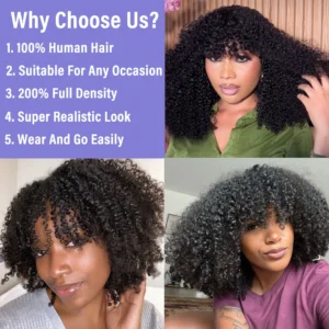 Afro Kinky Curly Human Hair Wigs With Bangs 200% Density Remy Human Hair Glueless Wig  Afro Curly Fringe Wigs for Black Women